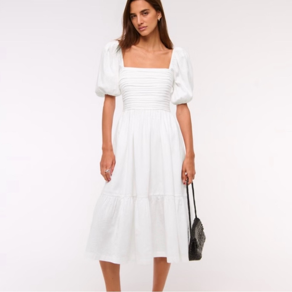 Abercrombie & Fitch White Midi Dress with Puff Sleeves - Emerson Poplin fabric